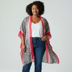 Janice Apparel Leopard Print Kimono Wrap Pink Red Border Viscose Cotton OS